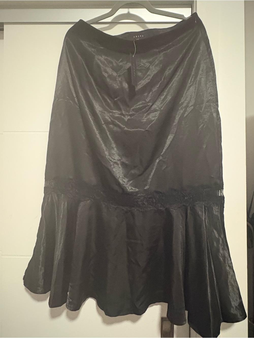 Adiva Black Satin Flared Hem Skirt with Lace Trim